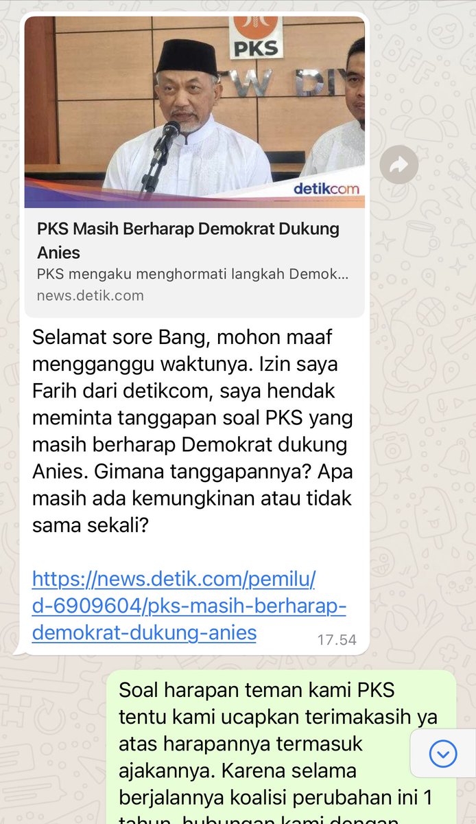 jansen_jsp's tweet photo. Atas pertanyaan teman2 media terhadap hal yg sama ini berikut jawaban kami:

Soal harapan teman kami PKS tentu kami ucapkan terimakasih ya atas harapannya termasuk ajakannya. Karena selama berjalannya koalisi perubahan ini 1 tahun, hubungan kami dengan teman-teman PKS ini memang selalu hangat dan sangat baik. Teman baik kamilah PKS ini. Mungkin karena selama beberapa tahun ini kan hanya kami berdua saja juga yg posisinya diluar pemerintahan. Jadi selama ini sudah teman “senasib dan sepenanggungan” lah kami baik di parlemen maupun diluar parlemen. 

Namun Majelis Tinggi Partai Demokrat kemarin secara resmi kan sudah memutuskan kami telah mencabut dukungan ke mas Anies dan kami secara resmi keluar/tidak lagi berada di koalisi. Itu sikap kami Demokrat. 

Untuk teman kami PKS, kami juga menghormati apapun keputusan teman-teman terkait koalisi ini dan mendoakan yang terbaik untuk sahabat semua. Jika kali ini kita tidak bisa bersama, diwaktu yang lain kita akan bersama lagi. Apapun kalian adalah tetap teman terbaik kami.

JANSEN SITINDAON
Wasekjend Demokrat