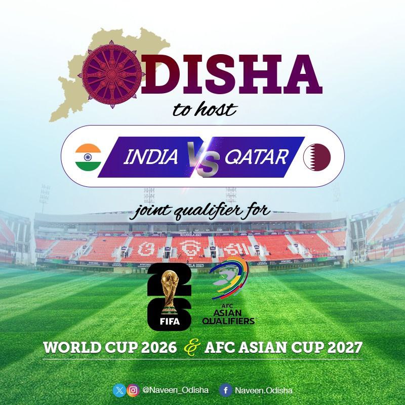 Proud moment for #Odisha as AIFF (<a href="/IndianFootball/">Indian Football</a>) has confirmed #KalingaStadium as the venue for India vs Qatar joint qualifier match for #FIFA World Cup 2026 &amp; AFC Asian Cup 2027, to be held in November 2023. This event not only showcases Odisha's passion for football but also