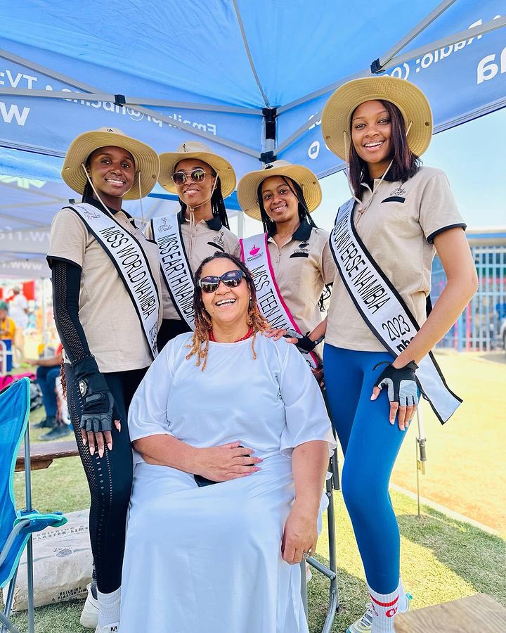 NBCNamibia's tweet photo. The Miss Namibia Organization’s CEO, Umbi Karuaihe-Upi captured with the four title holders at the NBC Battle of All!

#missnamibia2023 #missuniversenamibia #missworldnamibia #missearthnamibia #missteennamibia #nbcnamibia #battleofall https://t.co/UJ9otQfxvc