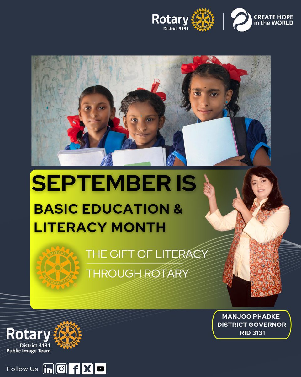 🟨🟨🟨🟨🟪🟪🟪🟪🟪🟨🟨🟨🟨

Rotary International -  September Month Theme 

September is Basic Education and Literacy Month...

The Gift of Literacy through Rotary 

#dgpankaj #manjoophadke #anilpamar #Rotary22 #rotarylovers #ImagineRotary #rotaryindia #rid3131 #shekharmehta