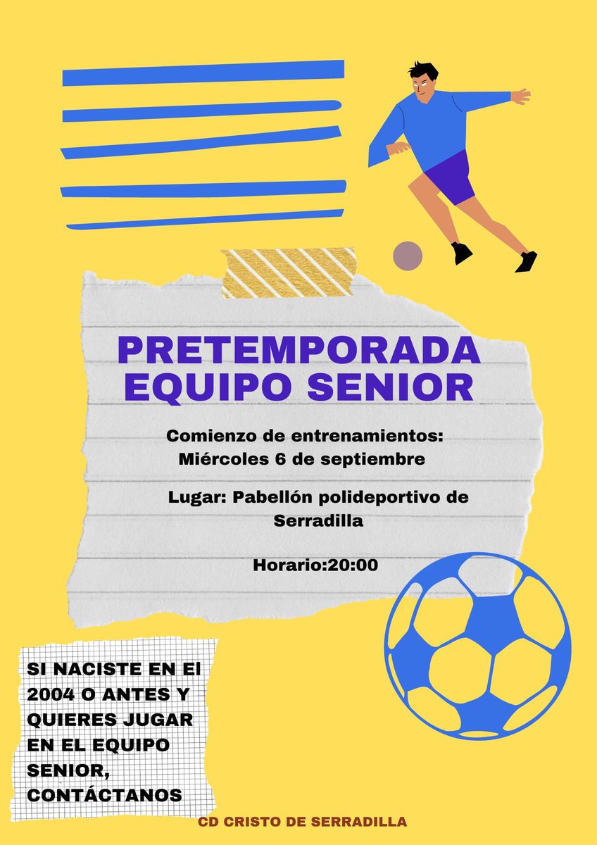 ⚽️COMIENZA LA PRETEMPORADA⚽️

¡Comenzamos la pretemporada con el equipo senior!

📅Dará comienzo la pretemporada el próximo miércoles 6 de Septiembre a las 20:00h en el pabellón Polideportivo📅.

Si quieres venir a probar, ¡contamos contigo!

#serradillaconeldeporte