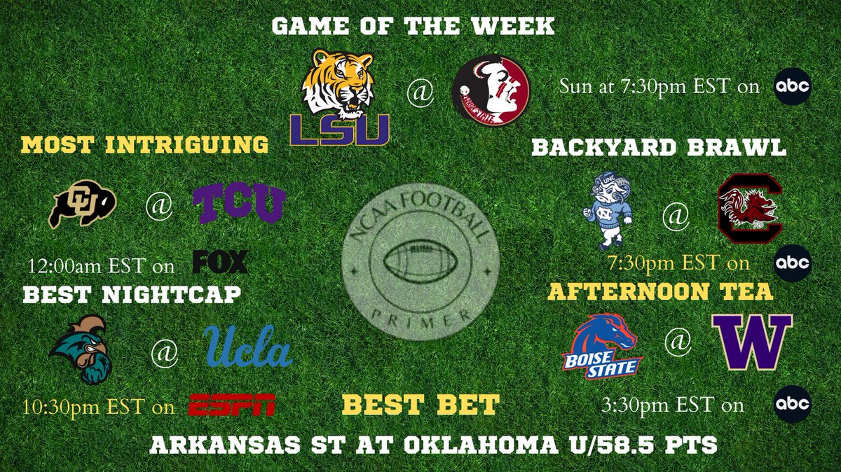 NCAAFB_Primer's tweet photo. Week One College Football Primer!
#LSU #FSU #TCU #CU #CoachPrime #UNC #USC #OU #ARSU #BSU #UW #UCLA #CoastalCarolina #CollegeFootball #DrakeMaye #Heisman https://t.co/BmphNoWy6V