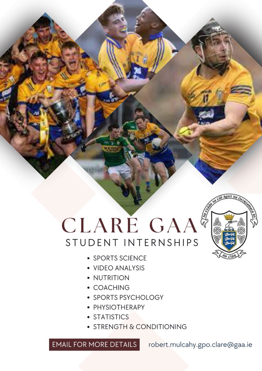 Rob Mulcahy, MSc, PhD (c) (@robmulcahy3) on Twitter photo Clare GAA is excited to offer internships in the following areas.
If you are interested in any of the positions, please contact me.
<a href="/GaaClare/">Clare Gaa</a> <a href="/Clare_Football/">Clare Football Supporters Club</a> <a href="/ClubClareHS/">CLUB CLARE</a> <a href="/claregaacg/">Clare GAA C&G Dev</a> <a href="/DLynchSport/">Derrick Lynch</a> <a href="/thepmanofficial/">Páraic McMahon</a> <a href="/BrennanEoin/">Eoin Brennan</a>
<a href="/PessLimerick/">PESS @ UL</a> <a href="/TUSSportCourses/">TUS Sports Courses MW</a> <a href="/TUSMidwestSport/">TUS Midwest Sport</a> Clare GAA is excited to offer internships in the following areas.
If you are interested in any of the positions, please contact me.
<a href="/GaaClare/">Clare Gaa</a> <a href="/Clare_Football/">Clare Football Supporters Club</a> <a href="/ClubClareHS/">CLUB CLARE</a> <a href="/claregaacg/">Clare GAA C&G Dev</a> <a href="/DLynchSport/">Derrick Lynch</a> <a href="/thepmanofficial/">Páraic McMahon</a> <a href="/BrennanEoin/">Eoin Brennan</a>
<a href="/PessLimerick/">PESS @ UL</a> <a href="/TUSSportCourses/">TUS Sports Courses MW</a> <a href="/TUSMidwestSport/">TUS Midwest Sport</a>