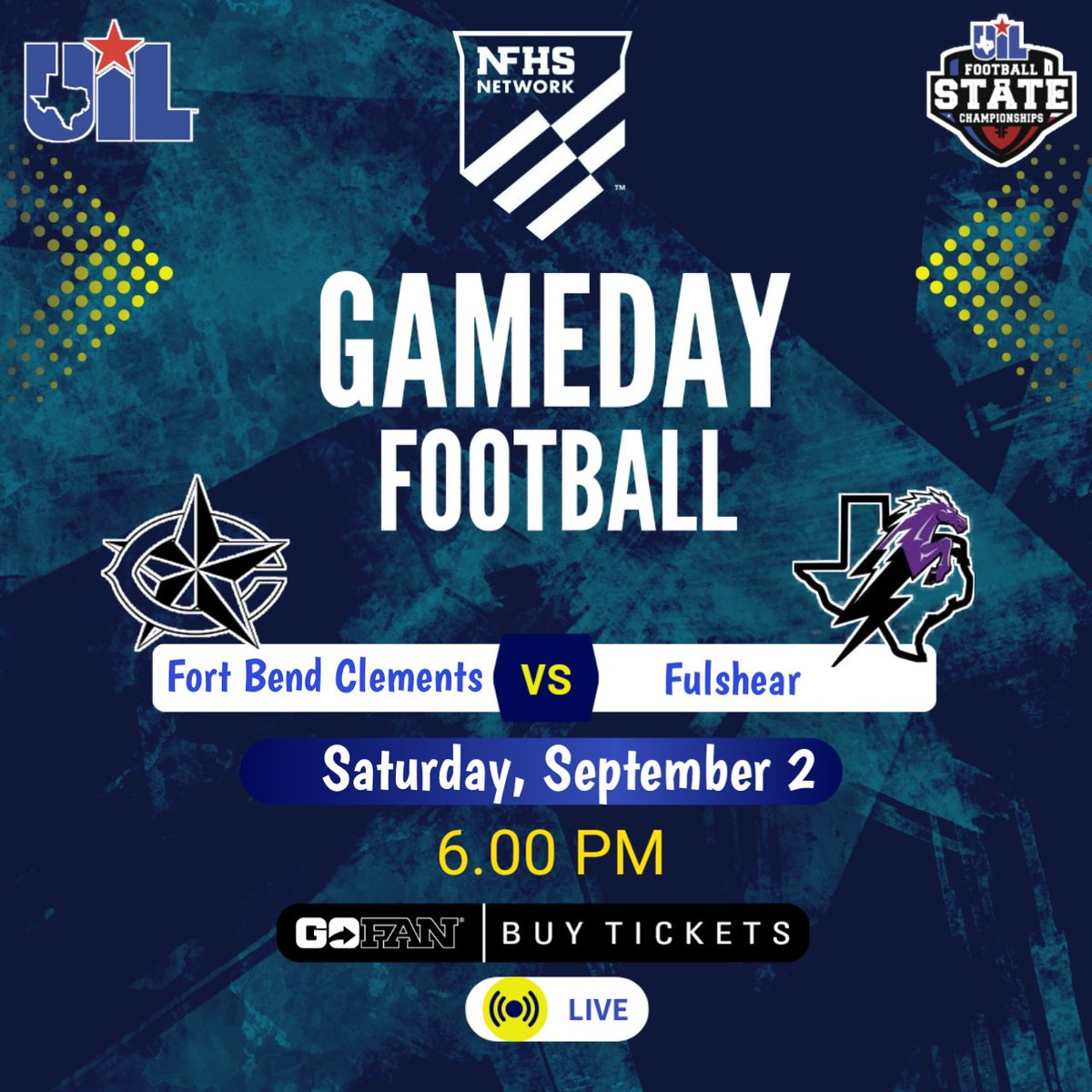 🏆UIL TEXAS FOOTBALL 
🏈 Fort Bend Clements vs Fulshear
📽️ Live Streaming - bit.ly/3Pj9Dd3
📅Saturday, September 2 @ 6p.
📍Traylor Stadium
<a href="/CHighFB/">Clements Football</a> <a href="/CoachJHaddock/">Coach Jason Haddock M.S.</a> <a href="/CoachD28_BU/">Coach Darnell @ C-High</a> @PrincipalShill <a href="/CHS_Rangers/">Clements Rangers</a> <a href="/56Carsontalley/">CarsonTalley_56</a>  <a href="/fulshear_fball/">Fulshear Football</a> <a href="/coachcodutti/">Coach Codutti</a> <a href="/ChargerSchools/">Charger Nation</a>