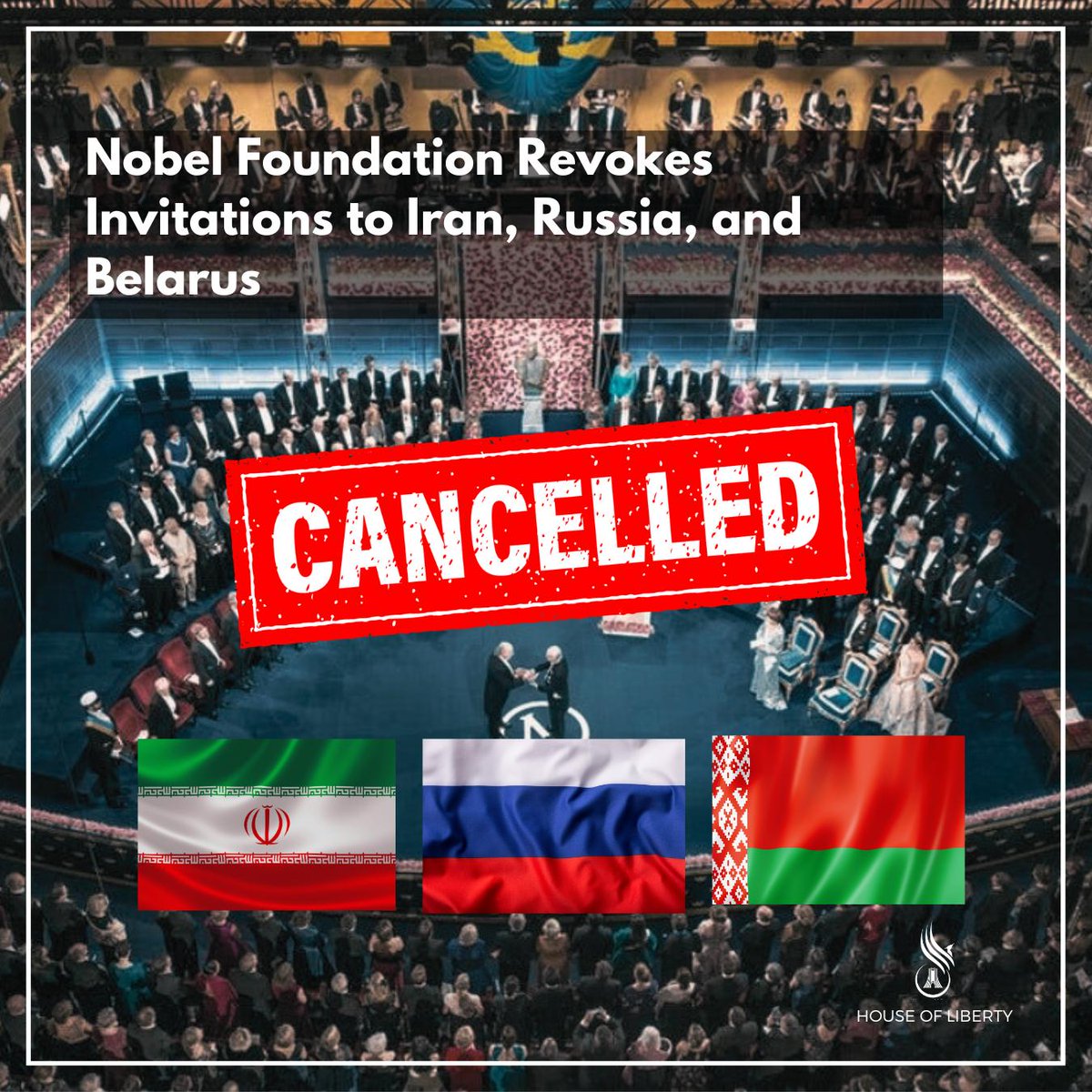 بنیاد نوبل سر عقل آمد!
دعوت‌نامه‌های رژیم جمهوری اسلامی در ایران، روسیه و بلاروس برای مهمانی نوبل را لغو می‌کنند. 
مفتخرم و خوشحالم که درکنار هم توانستیم توجه دنیا را به این رسوایی دعوت از قاتلان جلب کنیم. 
در مراسمی که دلیل وجودیش ترقی انسانیت در دنیای لیبرال دموکراتیک است این