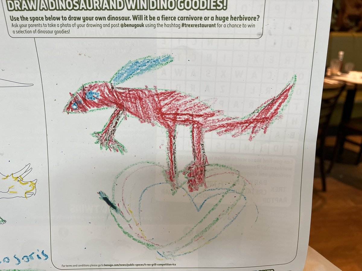 GR4EME's tweet photo. @benugouk @benugo My 6yo Lilly has loved the dinosaurs at @NHM_London and has drawn one of her favourites, a Parasaurolophus, at the #trexrestaurant https://t.co/CRo9q4bFFE