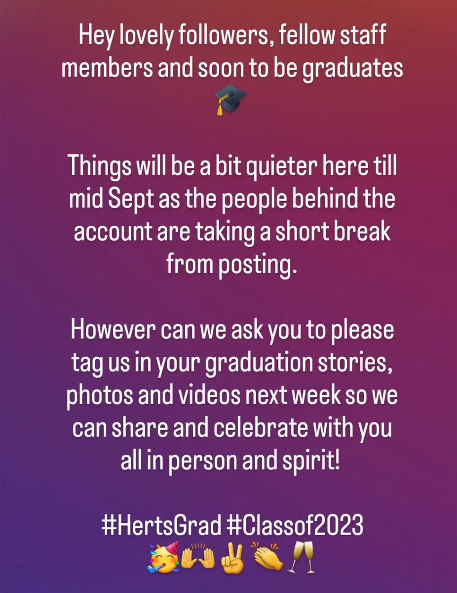 Next week is graduation week where we'll be celebrating with our  BSc, MSc and PhD #classof2023 graduates 🎓🥳

Don't forget to share and tag us in your photos so those unable to attend can still congratulate you 😀 

#proudtutors #hertsgrad #goherts