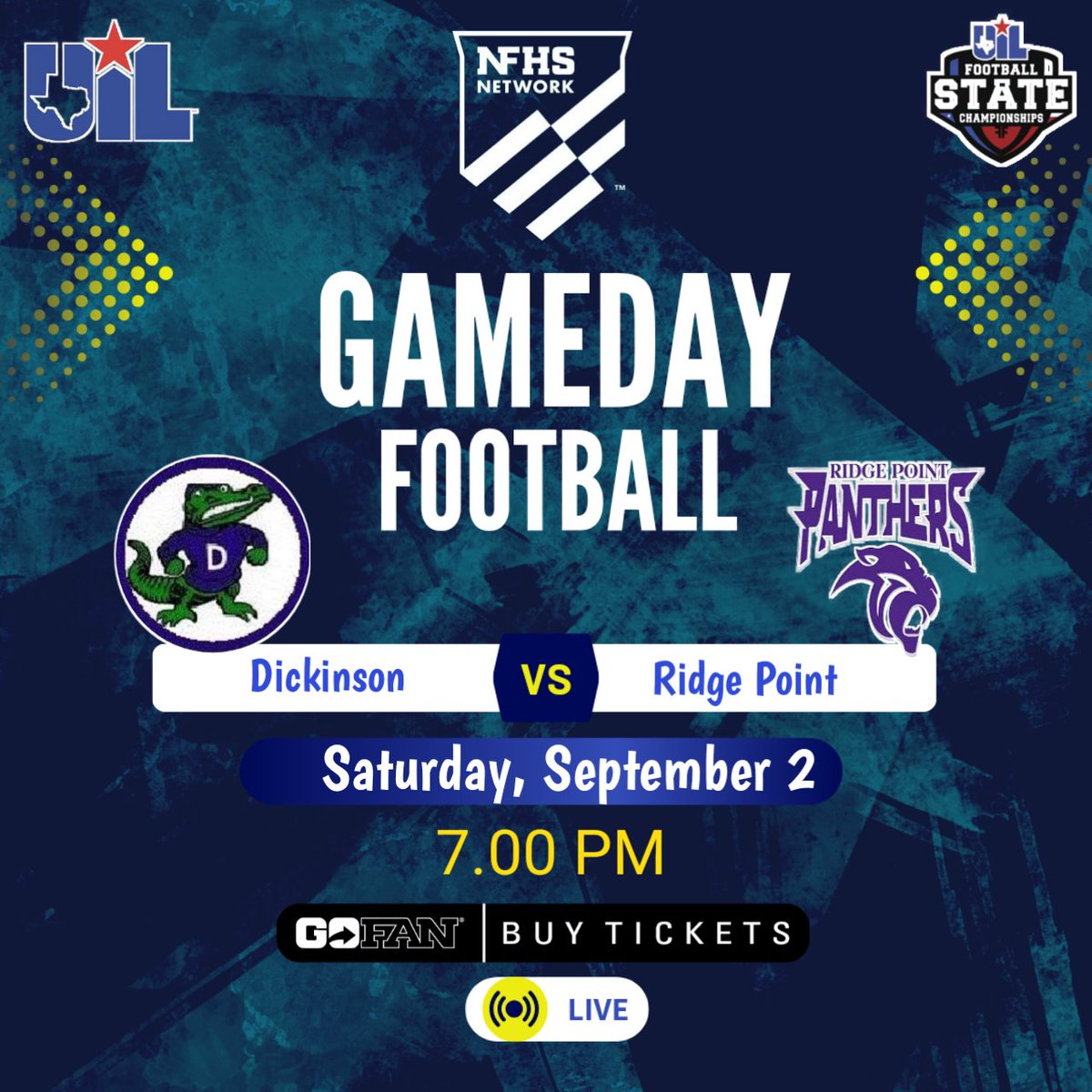 🏆UIL TEXAS FOOTBALL 
🏈 Dickinson vs Ridge Point
📽️ Live Streaming - bit.ly/3Pj9Dd3
📅Saturday, September 2 @ 7p.
<a href="/DickinsonFB/">DHSGatorFB</a> <a href="/CoachTGuidry/">Coach Guidry</a> <a href="/DHSFBRecruiting/">Dickinson H.S Football Recruiting</a> @jeremiah_scoby <a href="/DouglasEader2/">Douglas Eader</a> <a href="/Ryley66618830/">Ryley hall</a> <a href="/Jontue34/">Jontue Fears</a> <a href="/BrettBacon10/">Brett Bacon</a> @Jamarcus2024 <a href="/Trey6Dixon/">Trevaun Dixon ⚡️</a> <a href="/andra_crussell/">Andra Crussell</a>