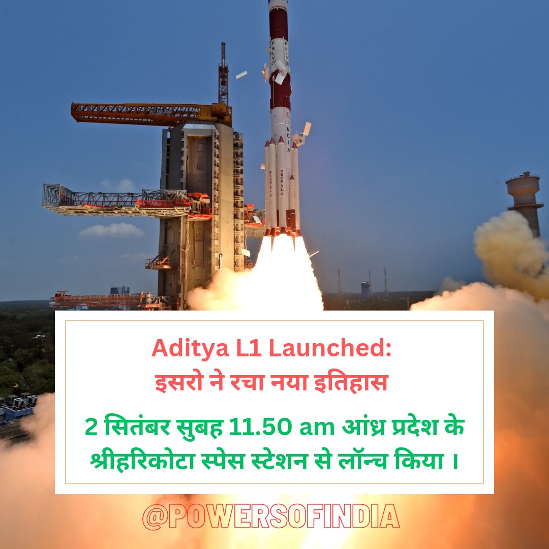 PowersOfIndia's tweet photo. The PSLV-C57.1 rocket carrying the Aditya-L1 orbiter lifted off successfully from the Satish Dhawan Space Centre in Sriharikota, Andhra Pradesh at 2 Sept 2023, 11.50 am. 
#AdityaL1 #isro #powersofindia #AdityaL1Launch #AdityaL1Mission #adityal1mission☀️ #suryamission #Sriharikota https://t.co/pSx2LcjIAl