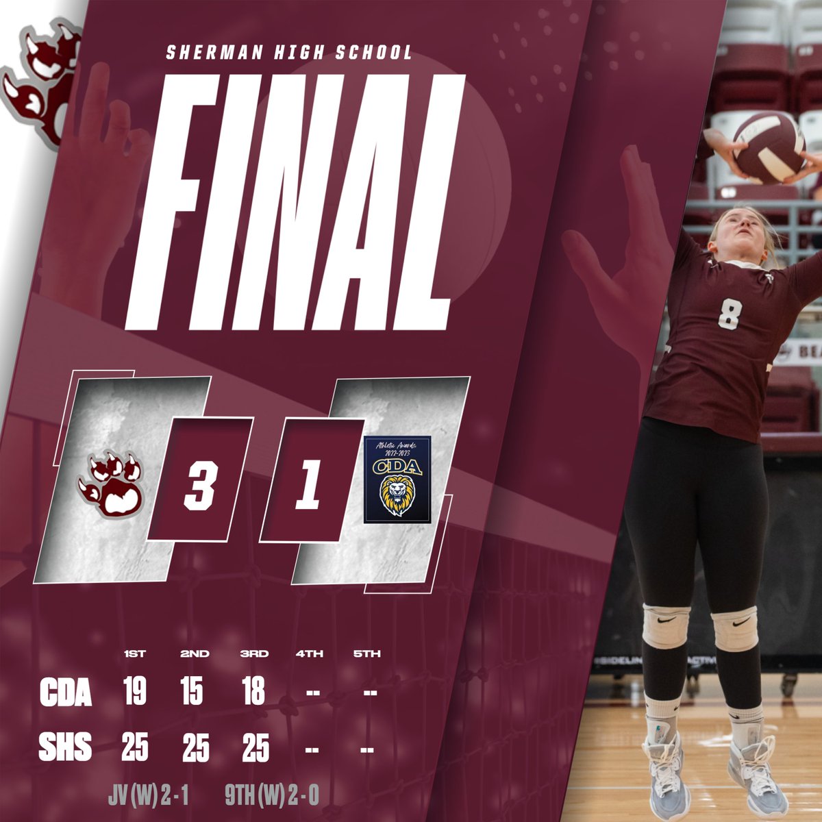 The Lady Cats took down Coram Deo Academy in 3!  Call it a sweep--JV and 9th won their games, too.  Great night of volleyball!