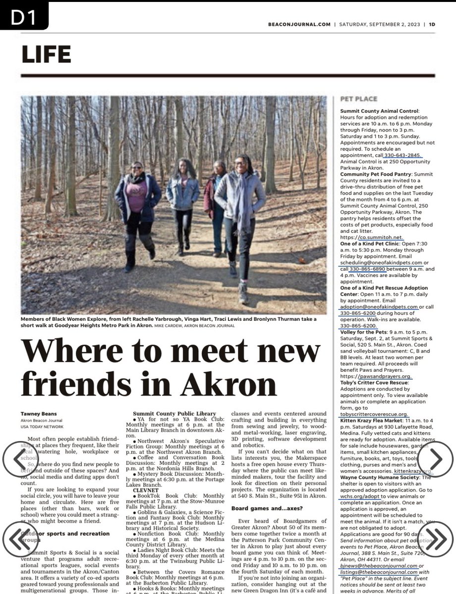 Photo of Black Women Explore featured on the cover of today’s <a href="/beaconjournal/">Akron Beacon Journal</a> Life section. <a href="/GARFoundation/">GAR Foundation</a>’s <a href="/_BronT_/">Bron Thurman</a> leading the way. She’s one of our community’s and <a href="/AKCivicCommons/">Akron Civic Commons</a> team’s finest leaders.