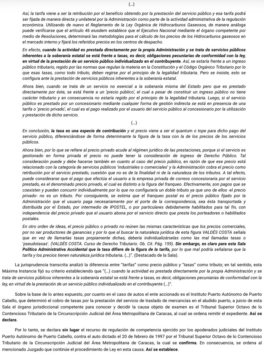 Sentencia N° 00237 del 29/03/2023 Sala Político-Administrativa <a href="/TSJ_Venezuela/">TSJ Venezuela</a> Servicios públicos. Diferencia entre “tarifas” como precio público y “tasas” como tributo 🧐☕
historico.tsj.gob.ve/decisiones/spa…