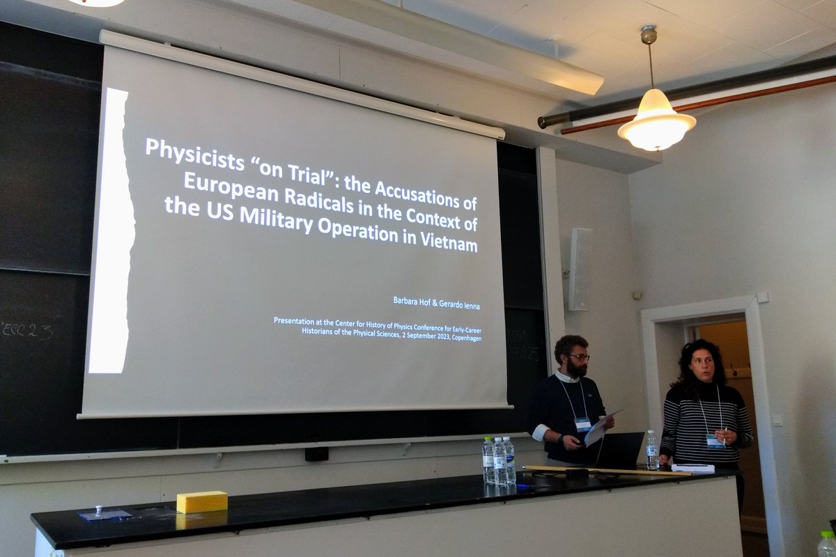 aip_history's tweet photo. Session 8 "Politics of Physics After WWII" begins with a joint presentation from @hof_bee and @GerardoIenna on protests that surrounded physicists during the Vietnam War.  #AIPECC23 https://t.co/WIbMEt1P8h