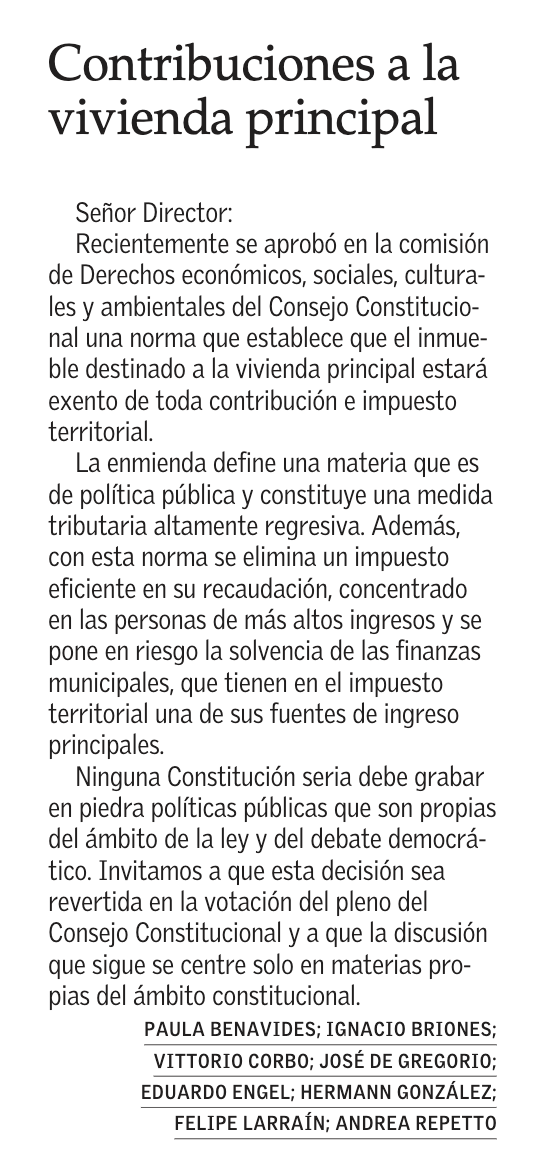 RodRettig's tweet photo. Desde Andrea Repetto, pasando por Ignacio Briones y llegando a Felipe Larraín llaman a revertir la regresiva idea de eximir contribuciones a la vivienda principal.

Republicanos, están haciendo todo mal. Sus ideas anti impuestos son solo fantasía. https://t.co/8gg1D6mX1E