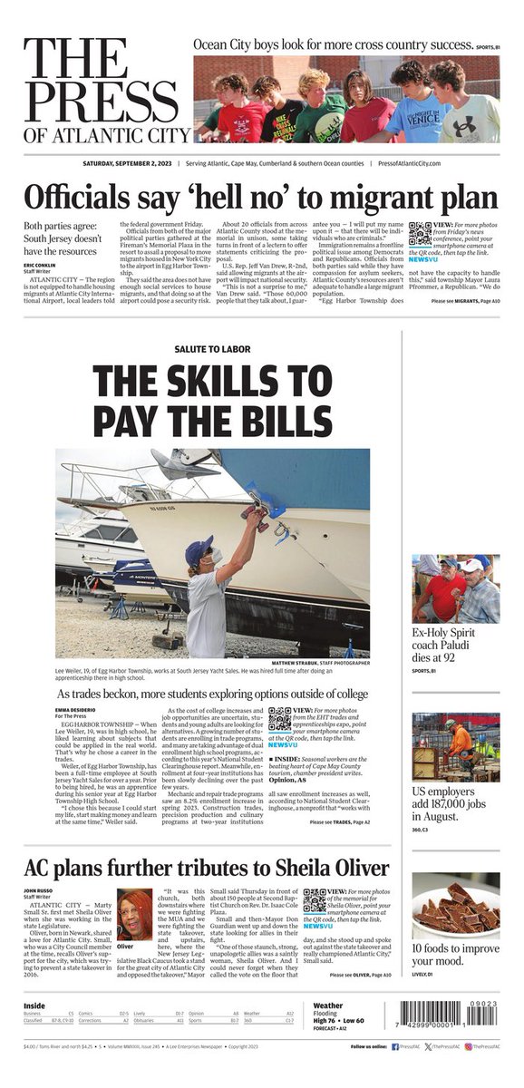 Front page of today’s <a href="/ThePressofAC/">Press of AC</a> featuring stories by <a href="/ACPress_Russo/">John Russo</a> @ACPressConklin and <a href="/EmmaDesiderio/">Emma Desiderio</a>  Photos by @mstrabuk