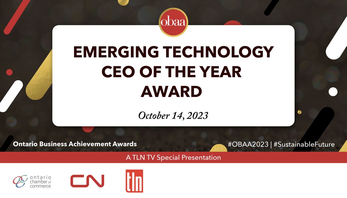 The Emerging Technology CEO of the Year Award is up for grabs! Watch the @TLNTV broadcast on October 14 as we honour the exceptional leader that has brought their organization and industry to a new level of growth and success. #OBAA2023