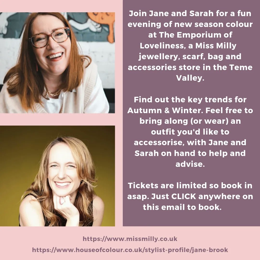 Come along to our Evening of Colour with Stylist, Jane Brook. Full info on ticket link below. £10 fee is refundable on attendance so it's a fun, free evening finding out about trends for next season in a very colourful environment.

eventbrite.com/e/miss-milly-s…

#worcestershirehour