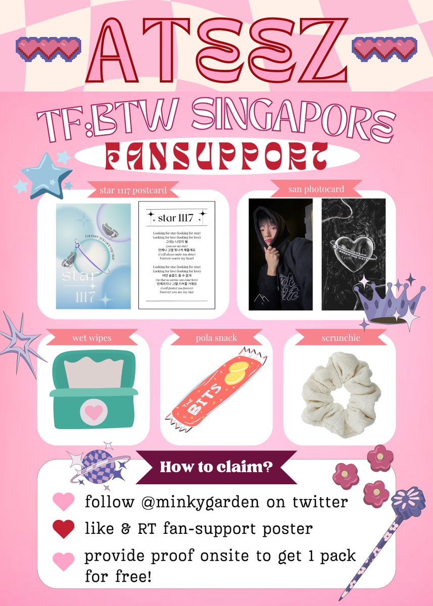 minkygarden's tweet photo. TF:BTW care pack collab between @minkygarden &amp; @wwchans ✿

➼ time &amp; location will be updated on d-day
➼ FCFS no reserves! more details stated below
➼ trades are open! please pm either of us! 

#Break_The_Wall_SG #ATEEZinSingapore #TheFellowshipinSingapore @ATEEZofficial https://t.co/ID6meVPpCp