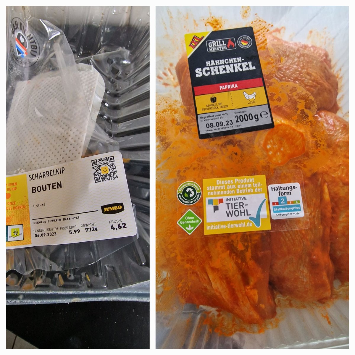 kitty504's tweet photo. Gisteren kippenbouten bij de jumbo. 2 voor 4,62. Dat was 5,99 per kilo. Vandaag 2 kilo in Duitsland gekocht voor 6,45 euro. https://t.co/DwzMTVZn3z