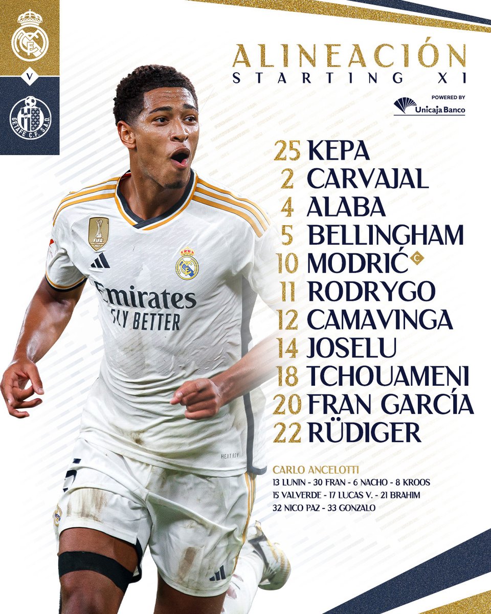 realmadrid's tweet photo. 📋✅ ¡Nuestro XI inicial 🆚 @GetafeCF! 
#RealMadridGetafe | @UnicajaBanco https://t.co/xSmUq0ZXr8
