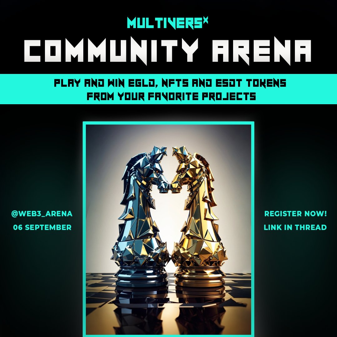Web3_Arena's tweet image. ♟️ COMMUNITY ARENA - Registrations are open! 

🏆 Prizes, fun, friends.

🤗 Open to everyone.

📆 Wednesday, Sept 6, 7pm UTC

⚔️ Begins after MvX Chess Showdown concludes

💡 Everything you need to know about the largest online chess event on #MultiversX.👇🧵