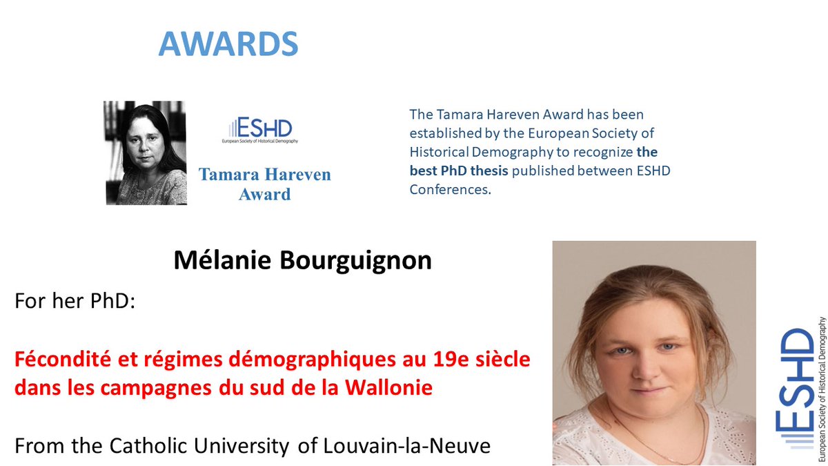 ESHD_EU's tweet photo. #ESHD2023 #Nijmegen has ended!!

Some highlights from yesterday's Awards Ceremony

Congrats to Mélanie Bourguignon @UCLouvain_be

Winner of the Tamara Hareven Award for best PhD

Fécondité et régimes démographiques au 19e siècle dans les campagnes du sud de la Wallonie https://t.co/Y57hwNYs2N