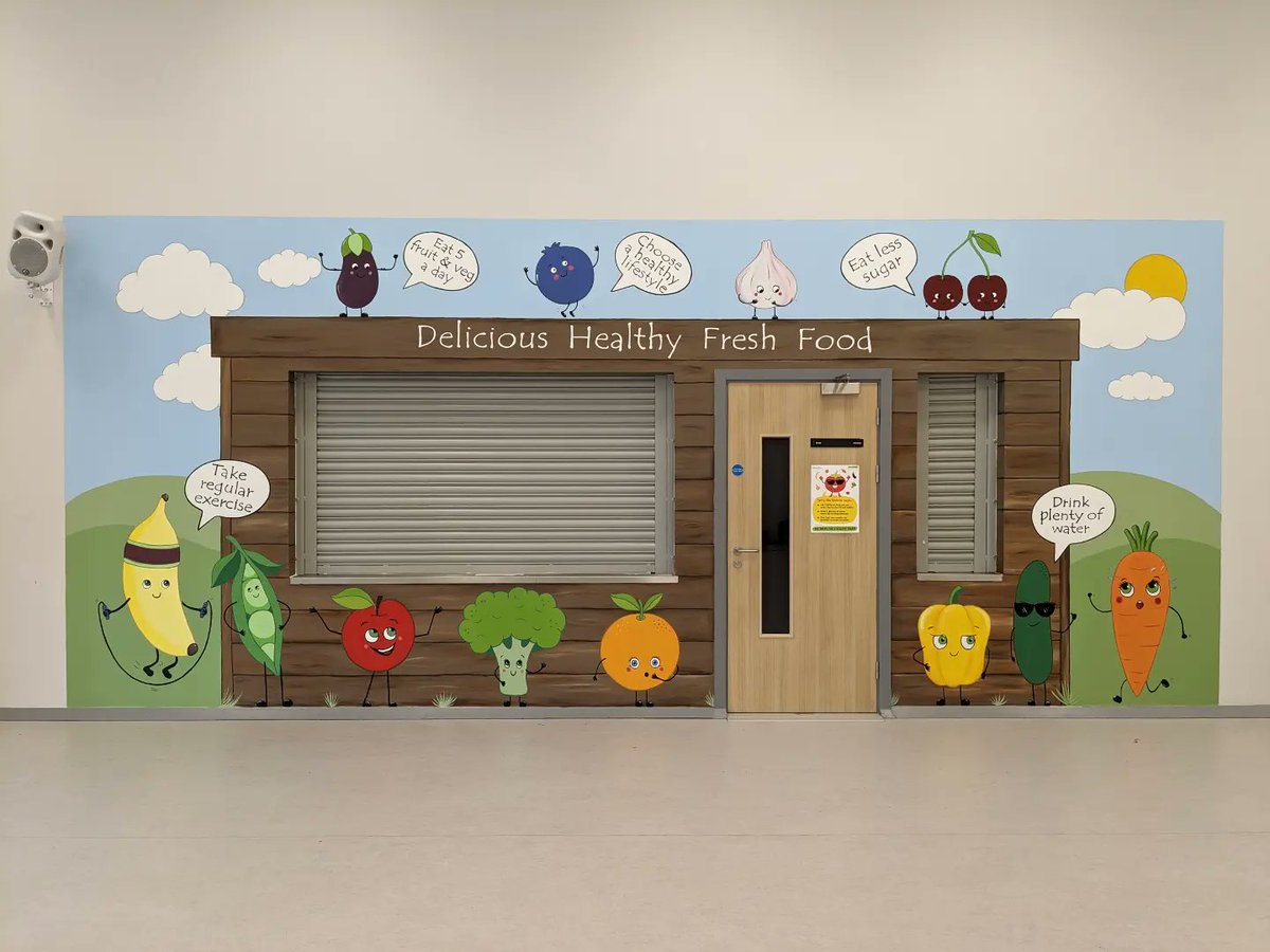 Loved #transforming another #primary #school #lunch #hatch into a #fun design for the #children to #enjoy, #encouraging a #healthy #lifestyle 💙🥕🫑🫛🥒🍒🍎🍌 #education #schooldinners #lunchtime #fiveaday #drink #water #fruit #vegetables #vegetarian #exercise #Teesside