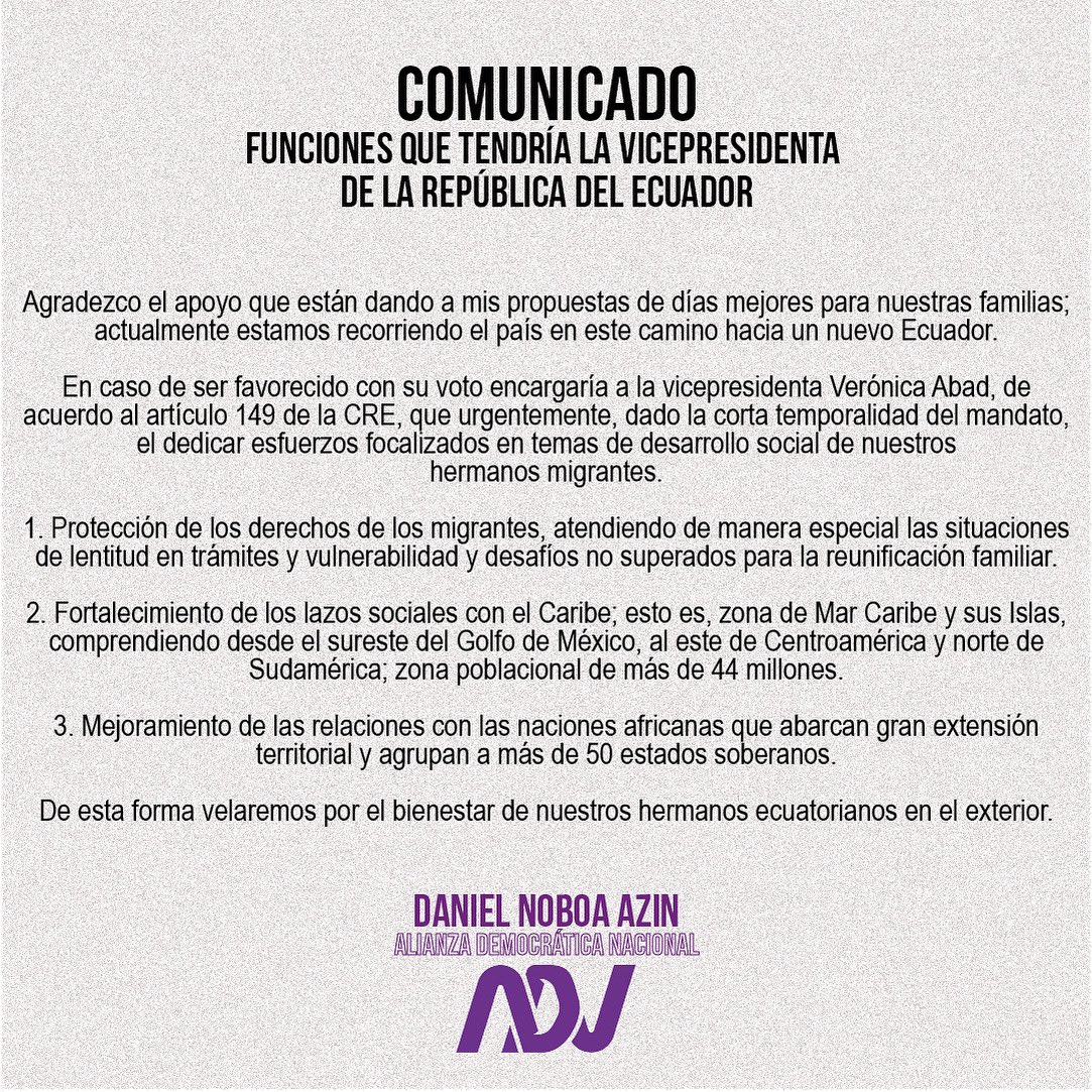 PRENSAVirtual_'s tweet photo. El candidato a la presidencia de la república @DanielNoboaOk (@Adnecuadorok), hace públicas las funciones que tendrá su binomio @veroniabad, en el caso de ganar las elecciones. https://t.co/Q1PhXrSRXy