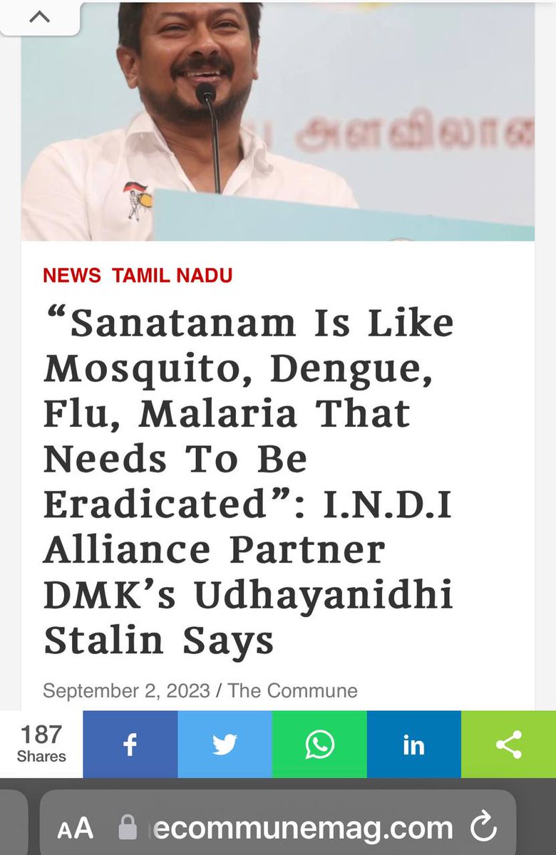 Tamil Nadu CM Stalin’s son Udhayanidhi Stalin says:
 “Sanatana (Hindu Dharma) Is Like Mosquito, Dengue, Flu, Malaria that Needs To Be Eradicated”

Stalin’s party DMK is also a part of I.N.D.I Alliance.

This 'Eradicate Santanam Conference' was also attended by Tamil Nadu HR & CE