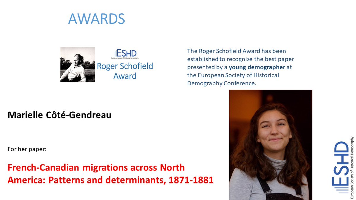 ESHD_EU's tweet photo. #ESHD2023 Awards Ceremony

Congrats to Marielle Côté-Gendreau 

Winner of the Roger Schofield Award 

For her paper:

French-Canadian migrations across North
America: Patterns and determinants, 1871-1881 https://t.co/iCgUEchMvC