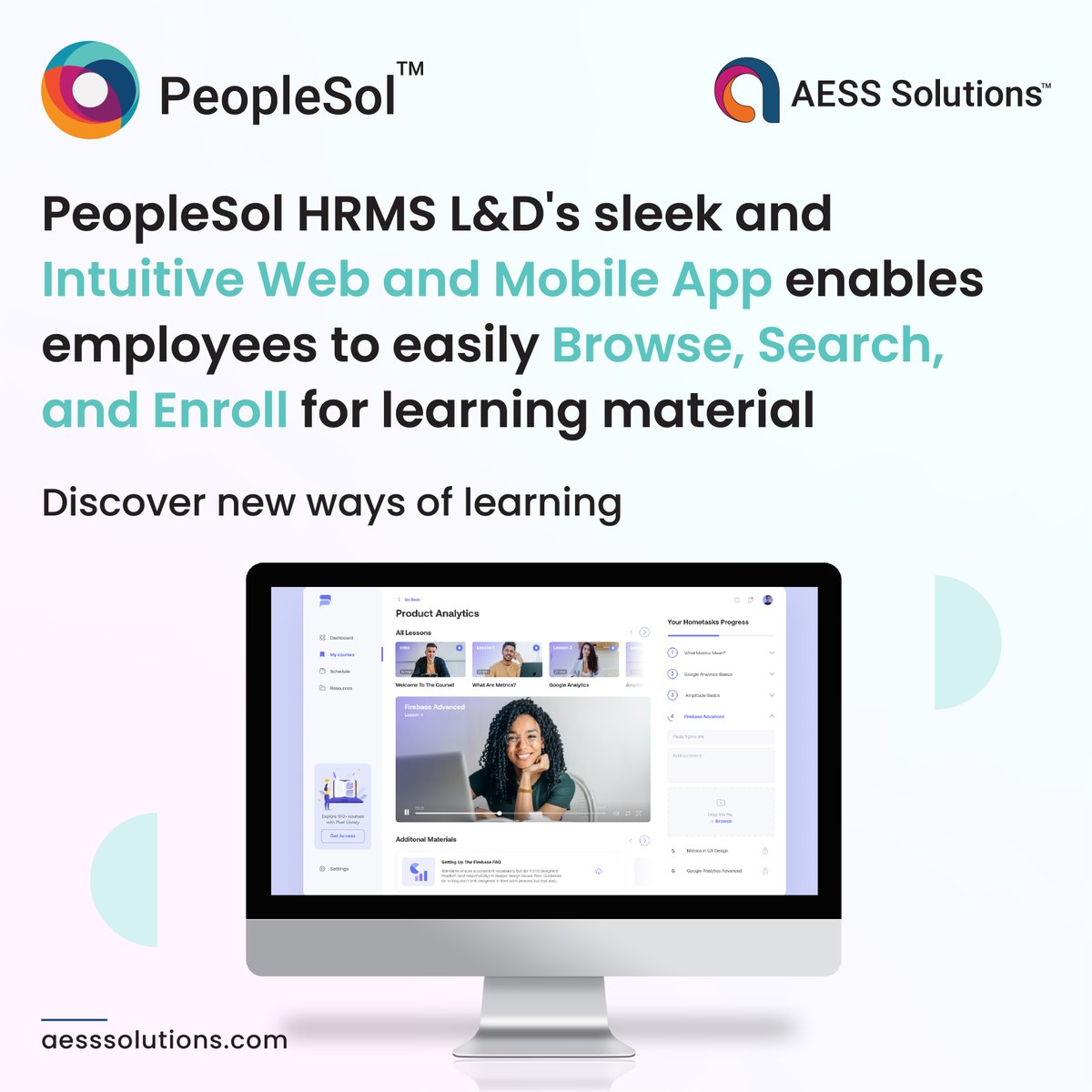 AESSsolution's tweet photo. PeopleSol HRMS L&amp;D sleek and intuitive Web &amp; Mobile App enables employees to easily browse, search, and enroll for learning material. Discover new way of learning. https://t.co/uGipluH4Ki