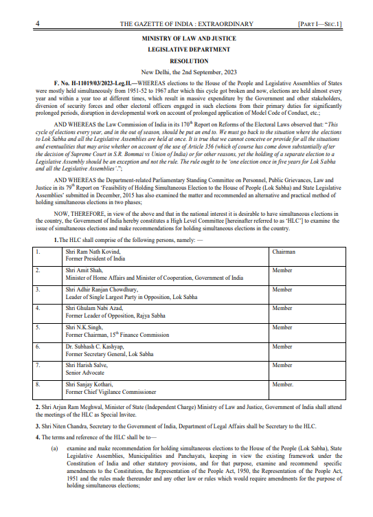 ANI's tweet photo. Govt of India constitutes 8-member committee to examine ‘One nation, One election’.

Former President Ram Nath Kovind appointed as Chairman of the committee. Union Home Minister Amit Shah, Congress MP Adhir Ranjan Chowdhury, Former Rajya Sabha LoP Ghulam Nabi Azad, and others appointed as the members of the committee