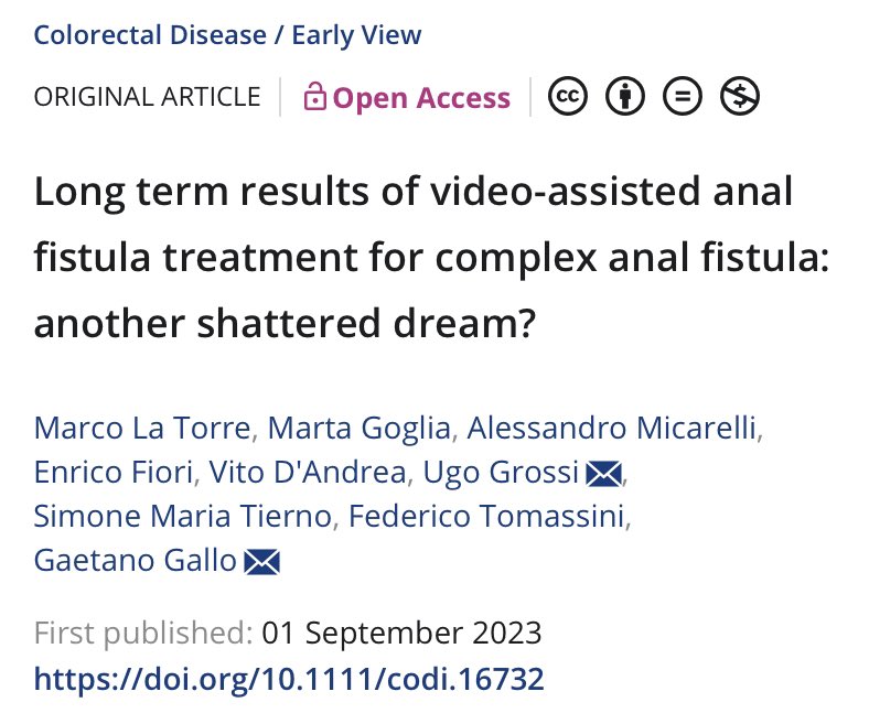 🔬 Our study dives into the world of complex anal #fistula management. 🩺 We explored the long-term outcomes of video-assisted anal fistula treatment #VAAFT in a cohort of patients. 📊 Initial success, but a decline over time 🔍🔓👉 doi.org/10.1111/codi.1…