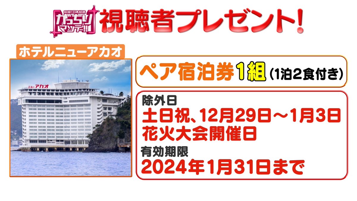 ＼#プレゼント企画  ③🎁／
#がっちりマンデー ‼︎ 9/3(日) 放送『儲かる昭和リゾート 』に登場のホテルニューアカオの「宿泊券 （1泊2食付き・平日）」をペアで1組に #プレゼント！ 〆切9/5(火)迄💡

🚩応募方法
①このアカウントをフォロー
②このツイートを引用RT

#キャンペーン #tbs