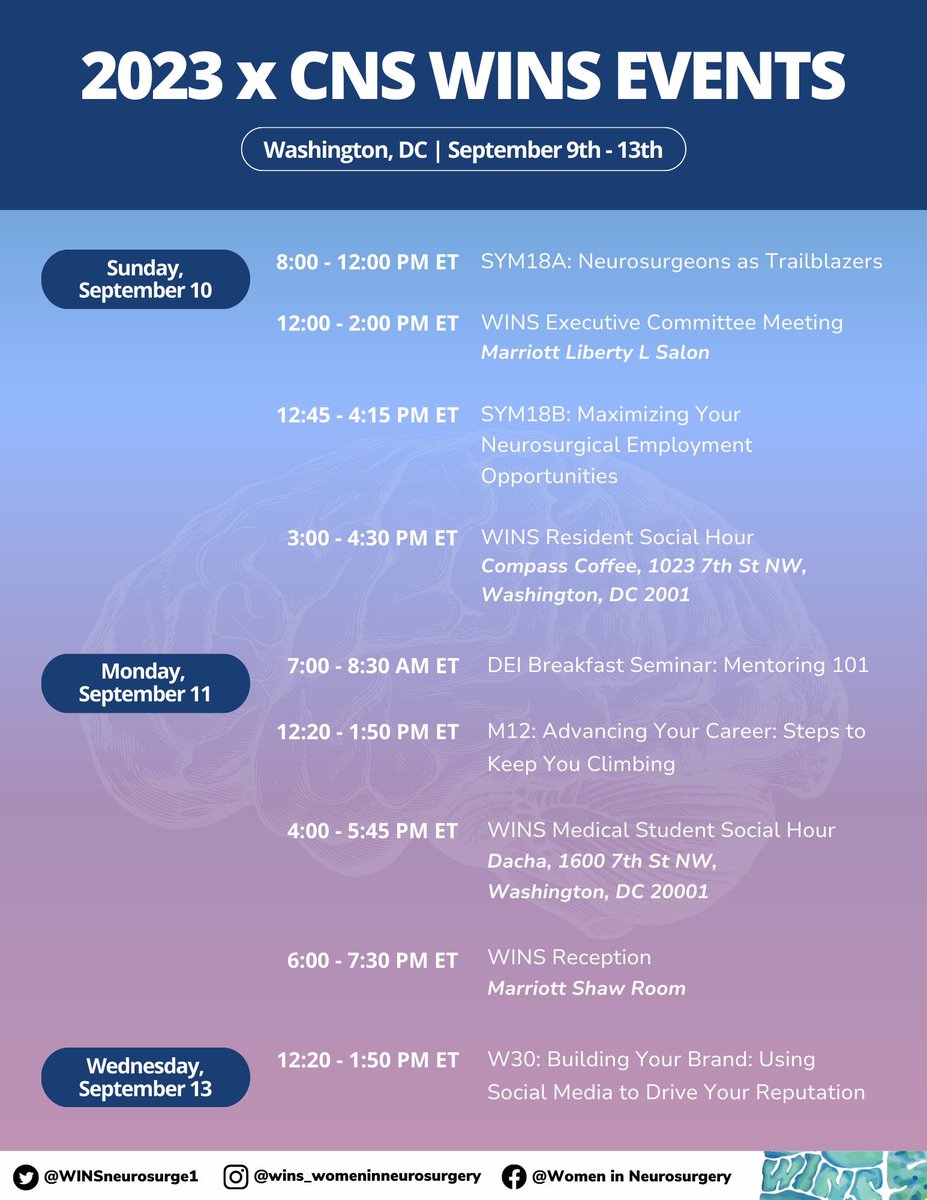 🌟 Exciting things are happening for WINS during the CNS conference! 🎉 

Explore our lineup of engaging events and join us for a time of inspiration and learning! 

#2023CNS #WomeninNeurosurgery #Neurosurgery #WINSx2023CNS #networking #academics #MedTwitter