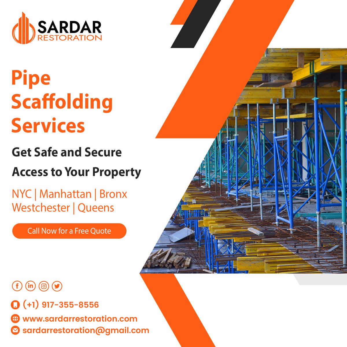SardarCorp's tweet photo. Need safe and secure access to your building's exterior? Our pipe scaffolding services can provide you with the access you need, no matter the height or angle. Trust our experts to ensure your project is completed safely and efficiently.

Contact us today for a free quote! https://t.co/CZeS9Giidi