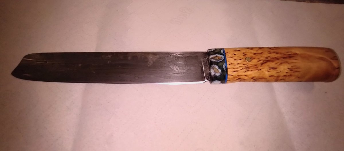 ta2edfreak's tweet photo. A custom slicer finally finished. Canister damascus, Karelian birch and mammoth tooth. https://t.co/dWGin7MhZn