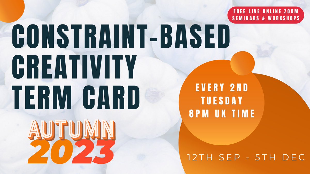 KinnesonLalor's tweet photo. Constraint-based creativity talks coming this term! 🧵

Every 2nd Tuesday 8pm UK time. 12th September to 5th December.

Sign up for the Zoom links here: https://t.co/O7oyRwutaE

#constraintcreativity #oulipo #oulipianwriting #writingcommunity #constrainedwriting

1/9 https://t.co/N55VOvsumi