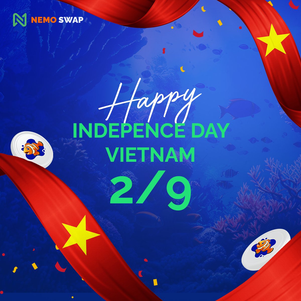NemoSwapDEX's tweet photo. 😇There's nothing more precious than independence – isn't that right, folks? To celebrate #VietnamIndependenceday 🇻🇳, NemoSwap has added liquidity to the #NST pool at 1PM UTC+1! 🌊🌟

#NemoSwap #NSTLiquidityBoost #NemoSwapTreat #NationalDayVietnam #September2ndAnniversary https://t.co/vV6LclX465