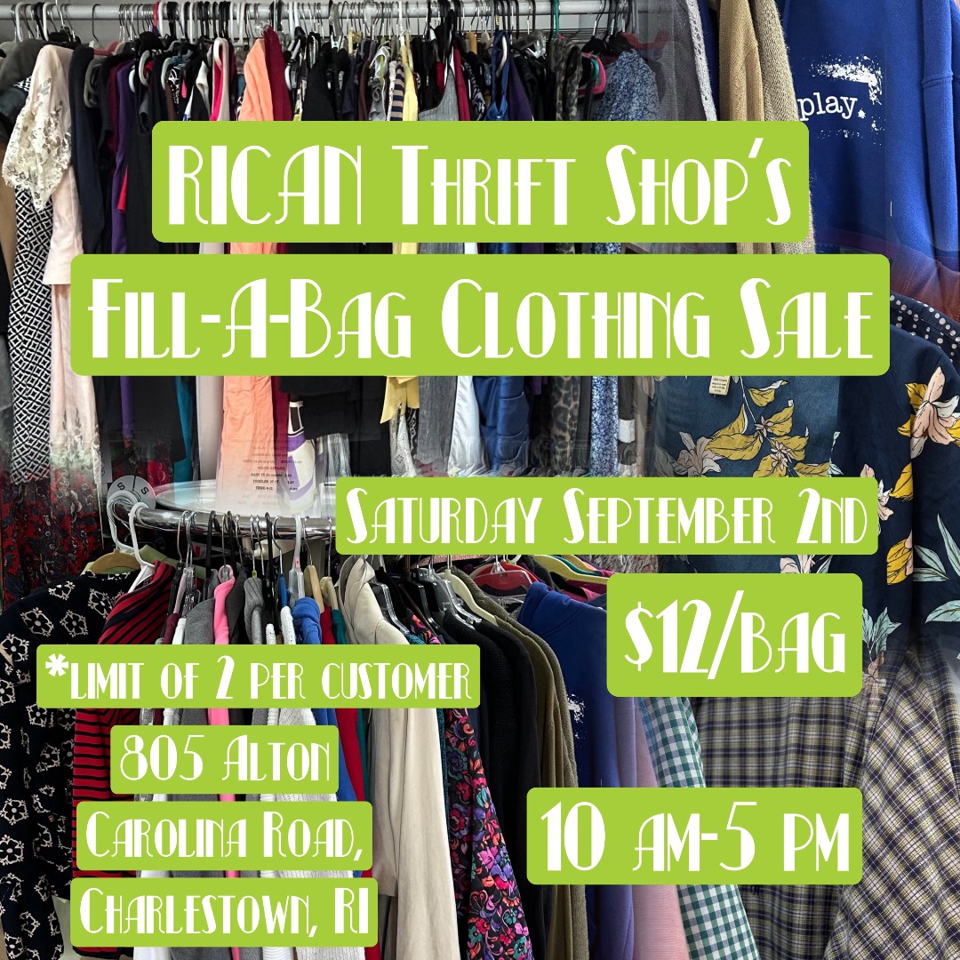 TODAY, RICAN Thrift Shop is holding their Fill-A-Bag Sale, 10 am-5 pm!!! 
Pay $12 to fill a bag with clothing from our boutique. The limit is 2 bags per customer. This excludes ALL accessories and specially tagged items.

 #fillabagsale #thriftedfashion