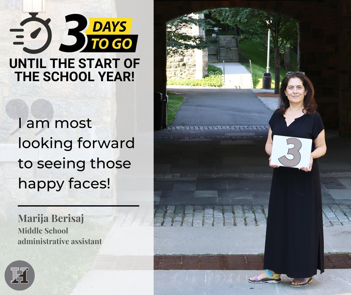 HackleySchool's tweet photo. With only 3๏ธโฃ more days to go until the start of the school year, Middle School administrative assistant Marija Berisaj is most looking forward to "seeing those happy faces!"
#HackleyCountdown #HackeySchool #HackleyHilltop #WeAreHackley #BackToSchool https://t.co/QBowco16Bj