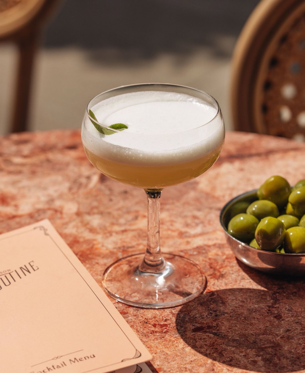 'Le Jardin' - made with Martini Ambrato, Lillet Blanc, lemon juice, basil syrup, aquafaba, sage and cardamom