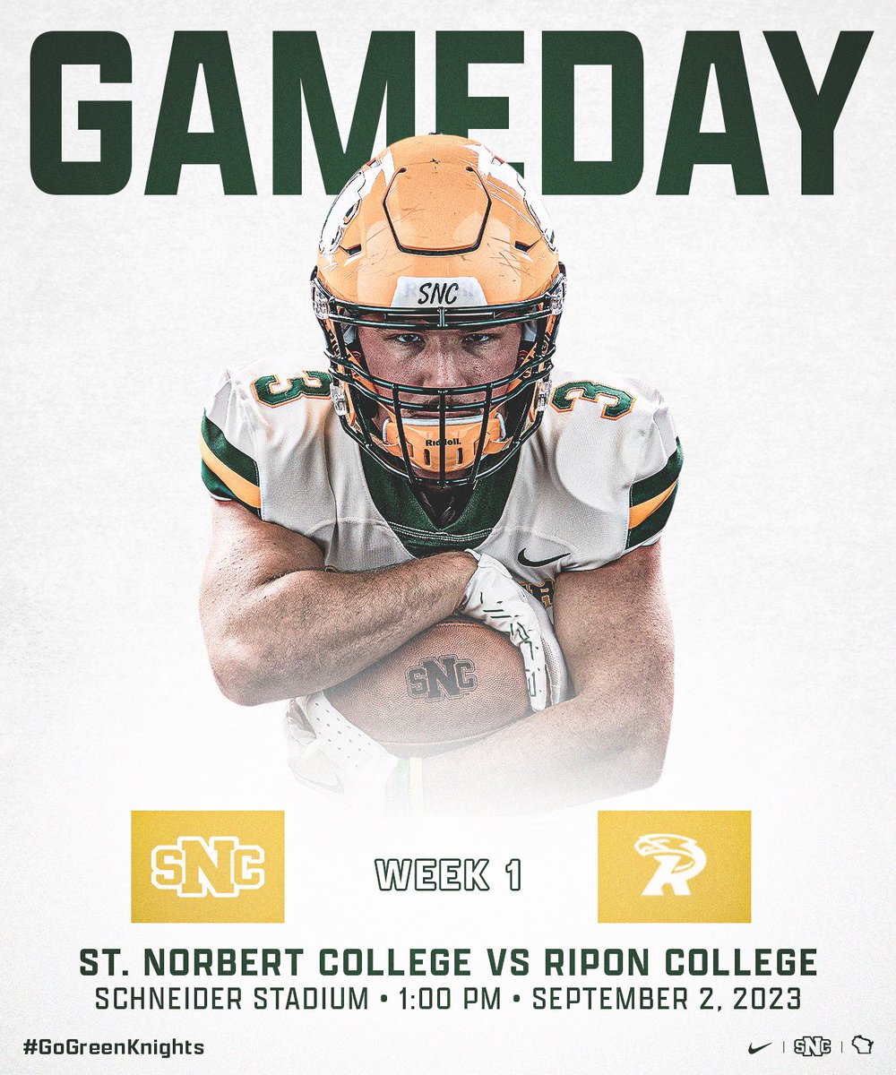 It is FINALLY Gameday‼️

🆚: Ripon College
⏰: 1:00 PM
📍: De Pere, WI
🏟: Schneider Stadium
💻: boxcast.tv/view/st-norber…..
📈: snc.edu/athletics/team……

🟢⚔️🟡
#GoGreenKnights