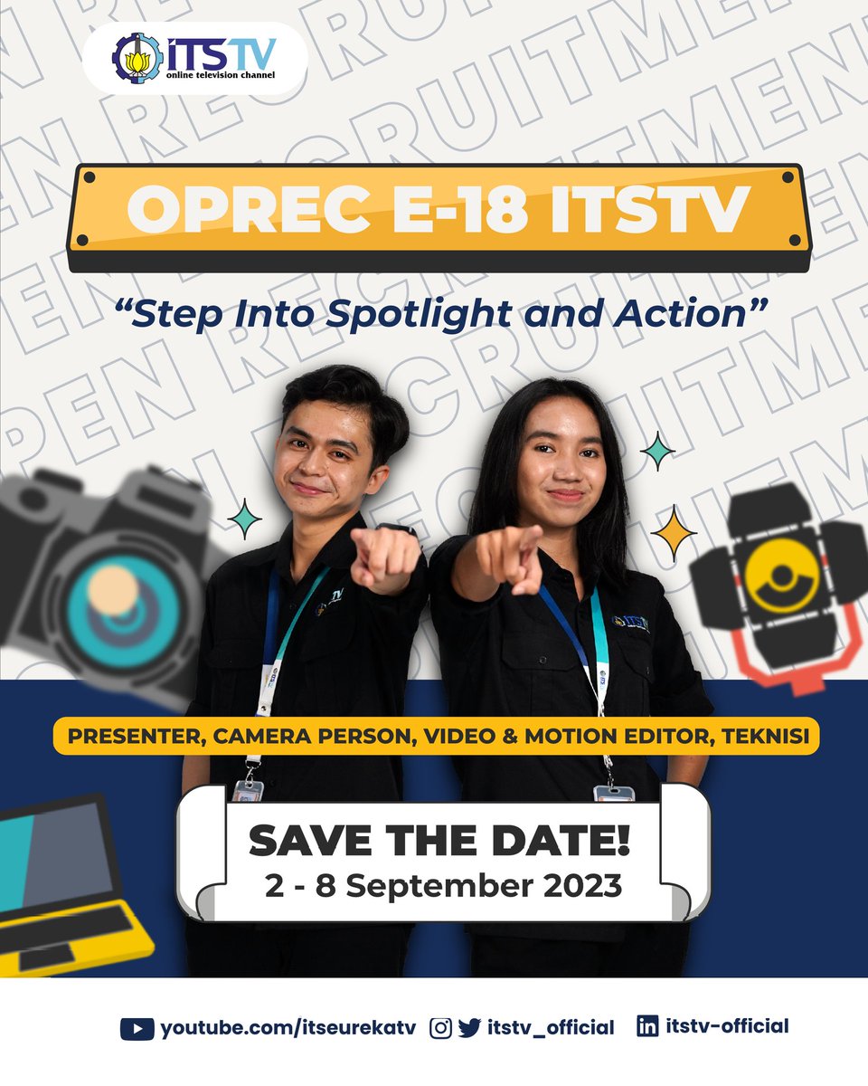 ITStv_official's tweet photo. [OPEN RECRUITMENT CREW E18 ITS TV]

Halo Sobat Kampus!
Kamu mahasiswa baru 2023?
Berminat di bidang broadcasting? 
ITS TV jawabannya!🤩

Khusus untuk Mahasiswa Baru 2023, ITS TV sedang membuka Open Recruitment Crew E18 ITS TV🥳🙌🏻 https://t.co/k2vEsRpeaC