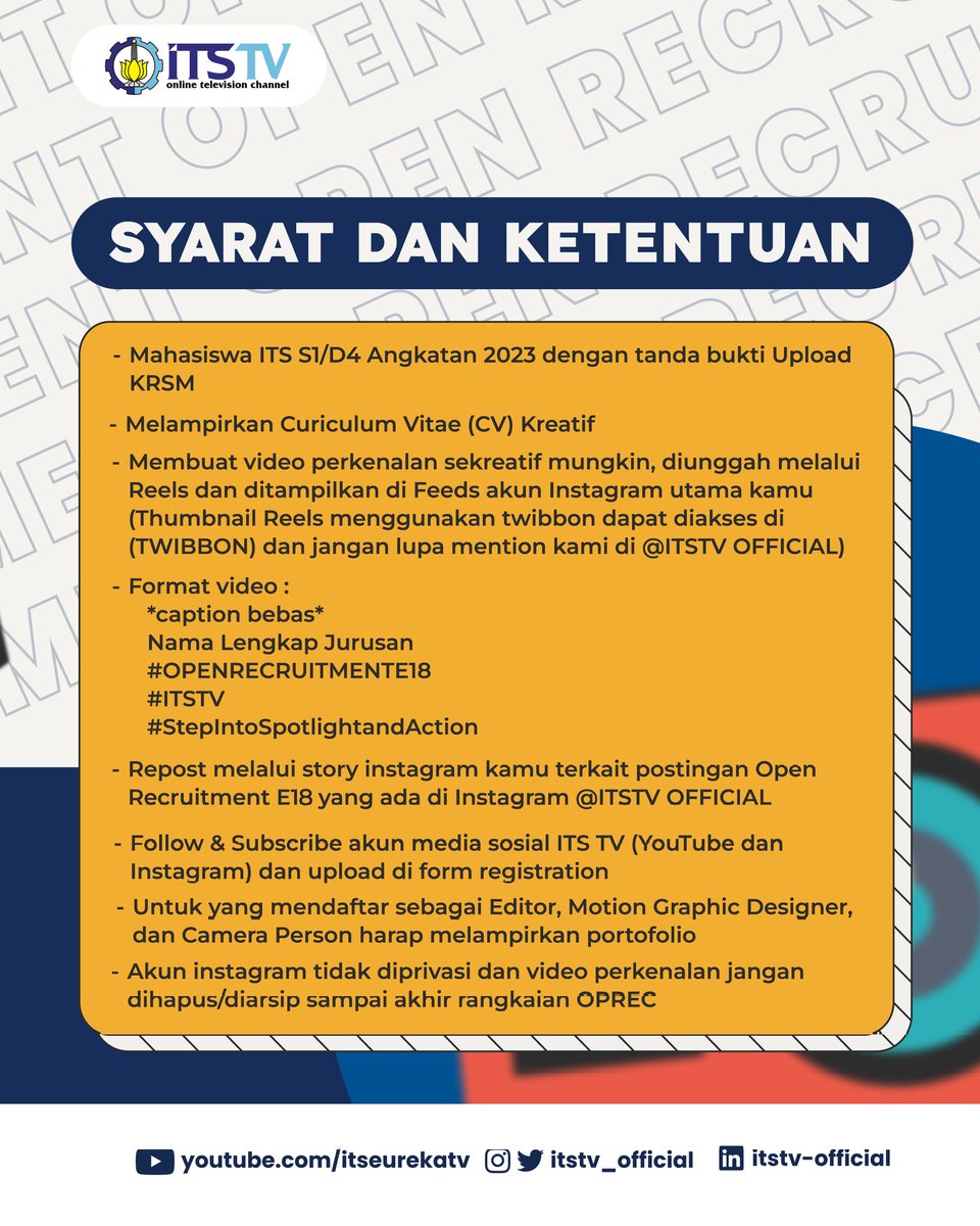 ITStv_official's tweet photo. [OPEN RECRUITMENT CREW E18 ITS TV]

Halo Sobat Kampus!
Kamu mahasiswa baru 2023?
Berminat di bidang broadcasting? 
ITS TV jawabannya!🤩

Khusus untuk Mahasiswa Baru 2023, ITS TV sedang membuka Open Recruitment Crew E18 ITS TV🥳🙌🏻 https://t.co/k2vEsRpeaC