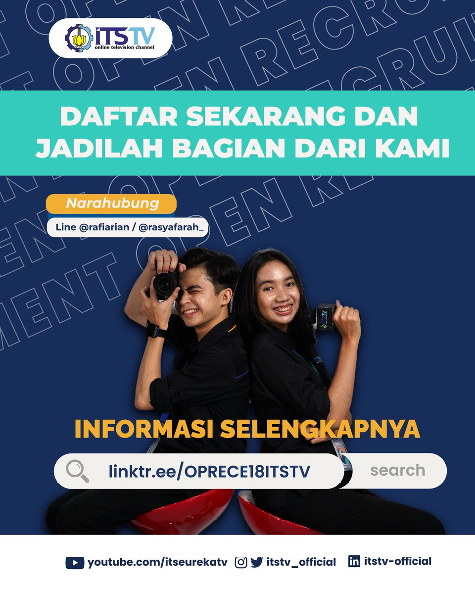 ITStv_official's tweet photo. Segera daftarkan diri kamu di linktr(.)ee/OPRECE18ITSTV dan jadilah bagian dari Kru E18 ITS TV🤩🫵🏻

📆 2-8 September 2023 📆

Jangan sampai kelewatan karena kesempatan hanya datang satu kali🤫

Open Recruitment E18,
Step into Spotlight and Action!📸 https://t.co/OXgrrYNfdS