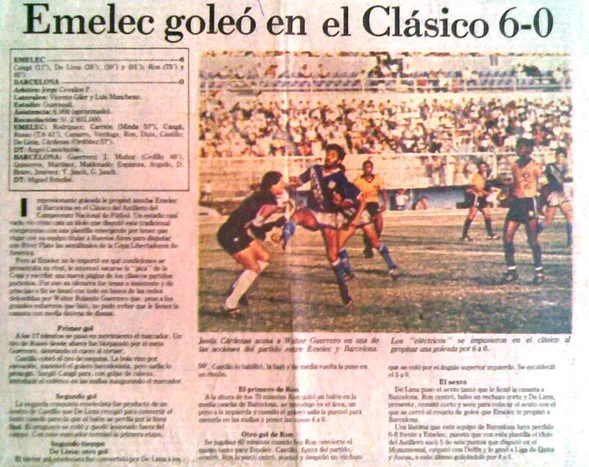 AntonioUbilla1's tweet photo. 2 septiembre 1990, estadio Modelo, Guayaquil, Emelec  6  (Urlin Cangá, Juan Carlos De Lima (3) Ivo Ron (2)) Barcelona  0,  esta ha sido la goleada máxima en clásicos del Astillero por campeonatos nacionales. El cuadro torero presentó un equipo con muchos suplentes debido a que el equipo principal con todos sus titulares viajaba a Buenos Aires para el 5 de septiembre jugar el partido de ida de semifinales de Copa Libertadores ante River Plate.                                    Evidentemente la superioridad del club eléctrico ante un disminuído rival se reflejó en el abultado score.  #HistoriaClásicosdelAstillero #HistoriaCampeonatosEcuatorianos