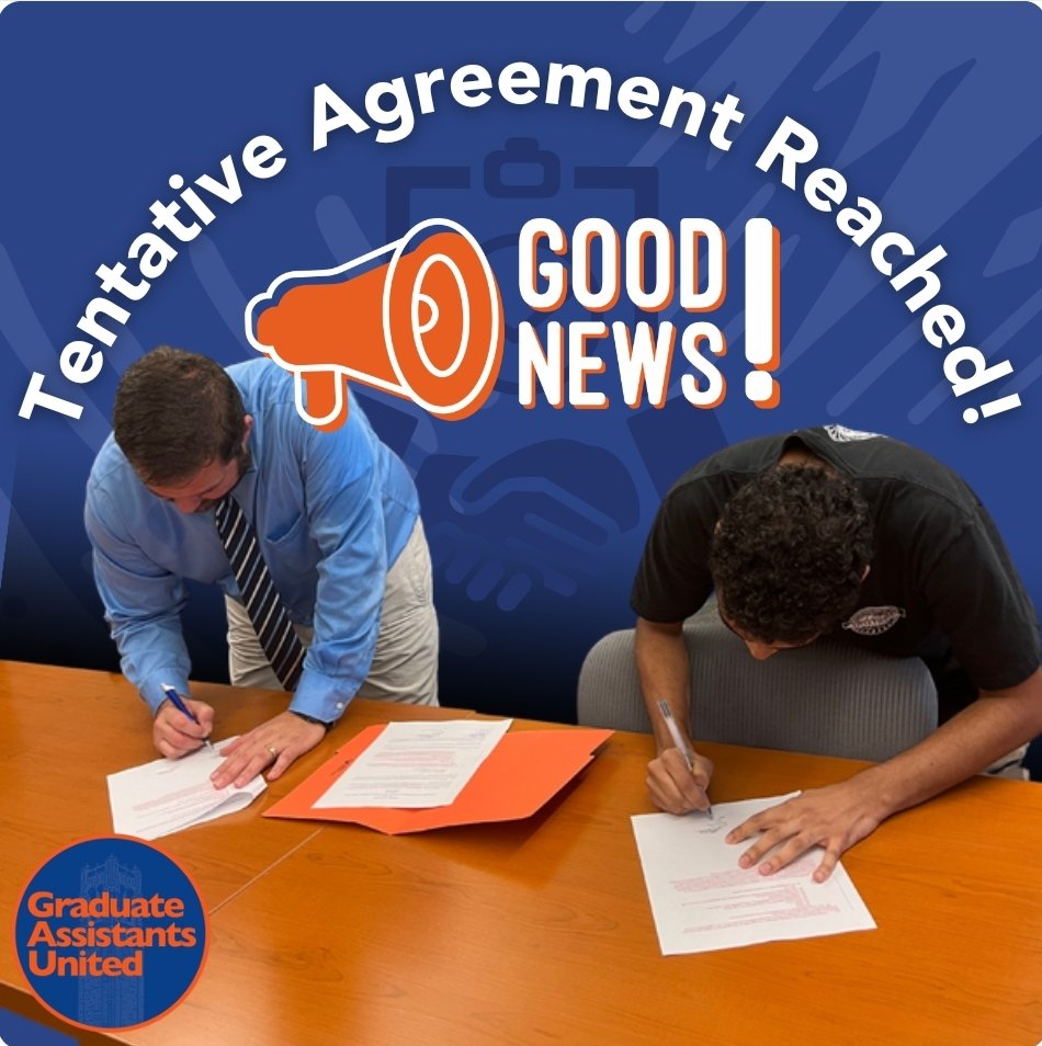 uf_gau's tweet photo. Yesterday we reached an agreement with UF to secure a $2200 increase to the minimum stipend, merit raises, and removal of outside employment restrictions for domestic students. Thank you to our amazing bargaining team and all of our members for improving the lives of GAs! https://t.co/i0LC3nJ1Sc