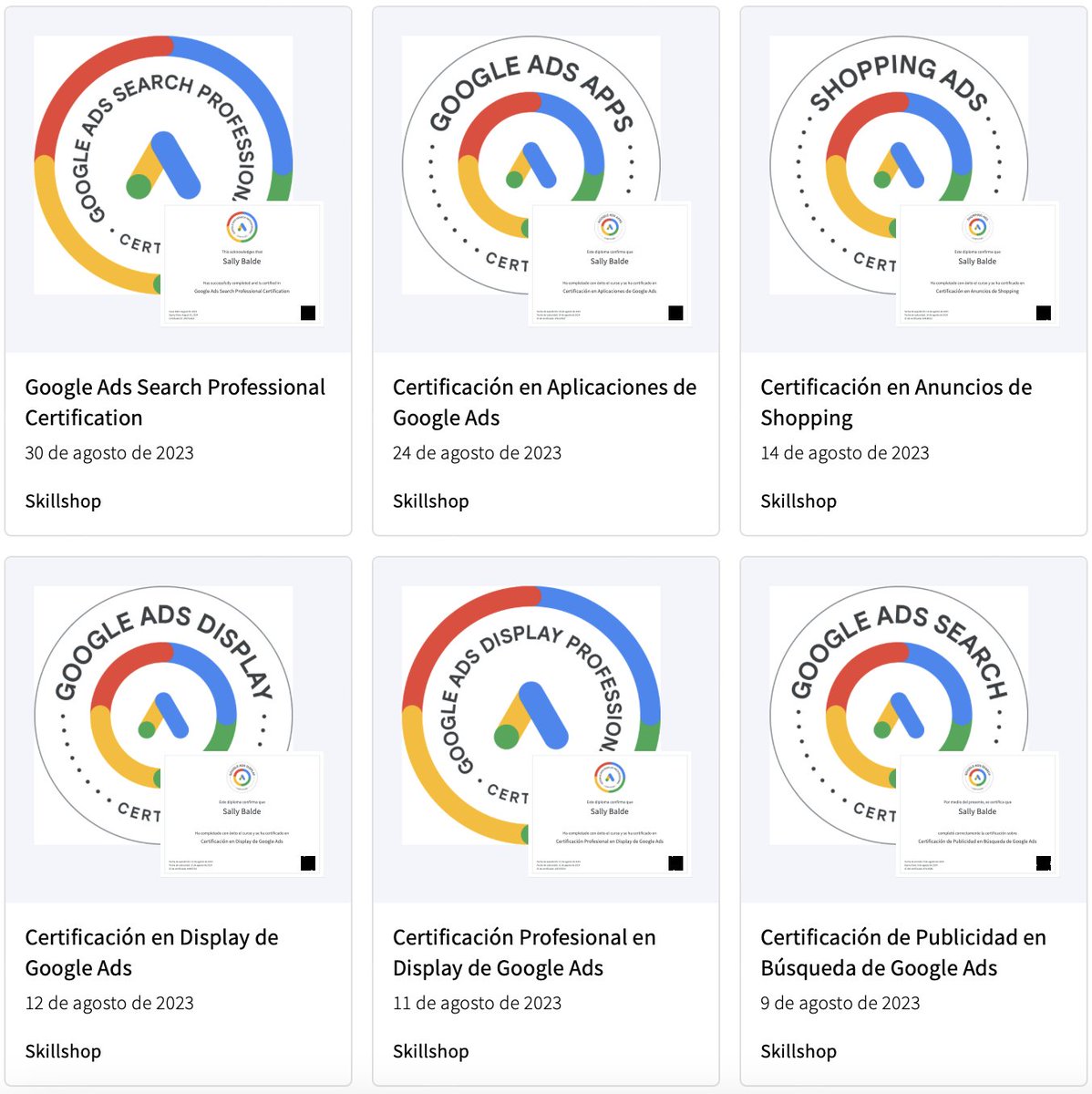 SallyBalde's tweet photo. 🎓 The results of my August afternoons with Google: https://t.co/do3q0NUXRj

🥰 #CertifiedbyGoogle #certificates #advertising #marketing #training https://t.co/TND8FlyVvR
