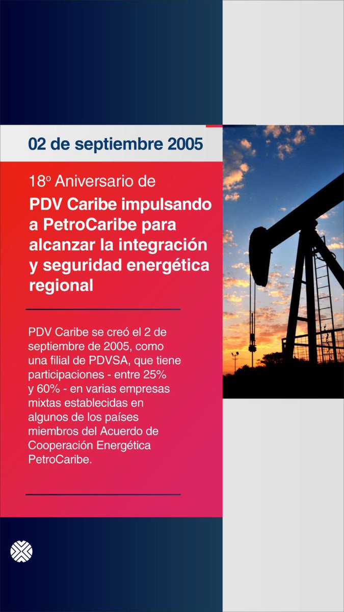 PDV Caribe cumple 18 años impulsando a @Petrocaribe para alcanzar la integración y seguridad energética regional. Esta filial de @PDVSA se creó el 2 de septiembre de 2005 con participaciones - entre 25% y 60% - en varias empresas mixtas establecidas en algunos países miembros.